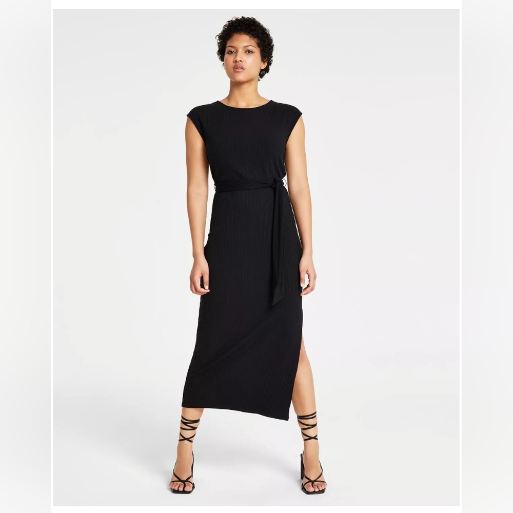 Bar III Petite Ribbed Cap-Sleeve Tie-Waist Midi Dress